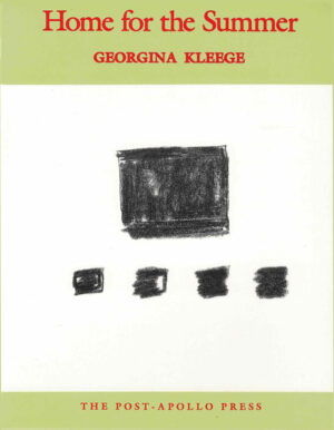 cover of Home for the Summer by Georgina Kleege; medium sized black charcoal square at center of white background with four smaller charcoal sqaures in a line underneath, a banner of light green across the top and bottom with the title, author name, and press name written in red typed letters