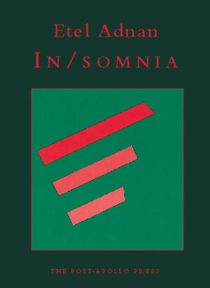 cover of In/Somia by Etel Adnan; dark blue background with large green square at the center and three thick red lines inside
