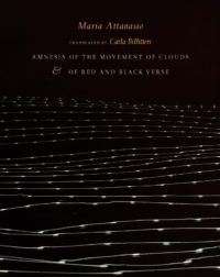 Amnesia of the Movement of Clouds & of Red and Black Verse by Maria Attanasio, translated by Carla Billitteri, Bookcover showing white horizontal lines across a black background, accentuated by white dots