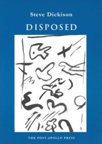 cover of disposed by steve dickison; blue background with a large off-white rectangle in the middle and black doodles inside, white typed text of title and author name centered above