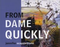 From Dame Quickly by Jennifer Scappettone, a busy painting of moments in an urban landscape, different shapes that traverse the image and give it movement, navy blue background