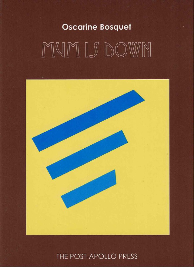 cover of Mum Is Down by Oscarine Bosquet; brown background with large yellow square in the middle with three thick blue lines inside