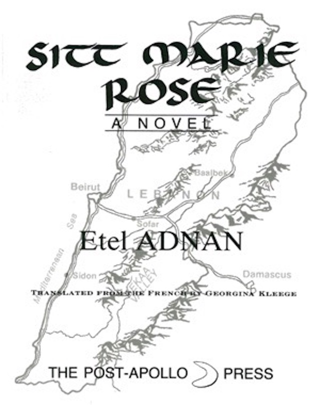 cover of sitt marie rose by etel adnan; white background, light grey map of lebanon behind black typed title and author name