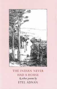 cover of The Indian Never Had a Horse by etel adnan; light pink background with a large vertical rectangle centered of a black ink drawing of trees and a horizon line, title and author photo centered below in typed text