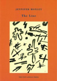 cover of The Lion by jennifer moxley; orange background with a large off-white rectangle in the middle and black doodles inside, title and author name in blue typed text centered above