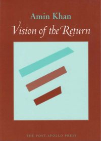 cover of Vision of the Return by Amin Khan; maroon background with large light blue square near center, three differently sized thcik lines stacked vertically move horizontally across blue square, one light blue, one light brown, one maroon