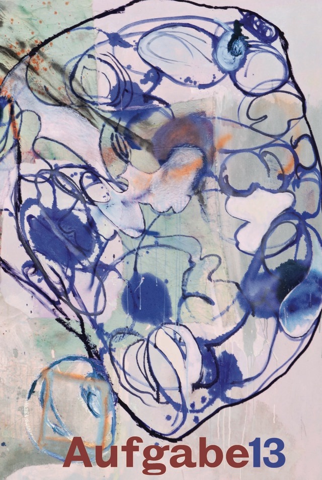 cover of Aufgabe13; watercolor painting of mint green and gray background and circular swirls of black and blue