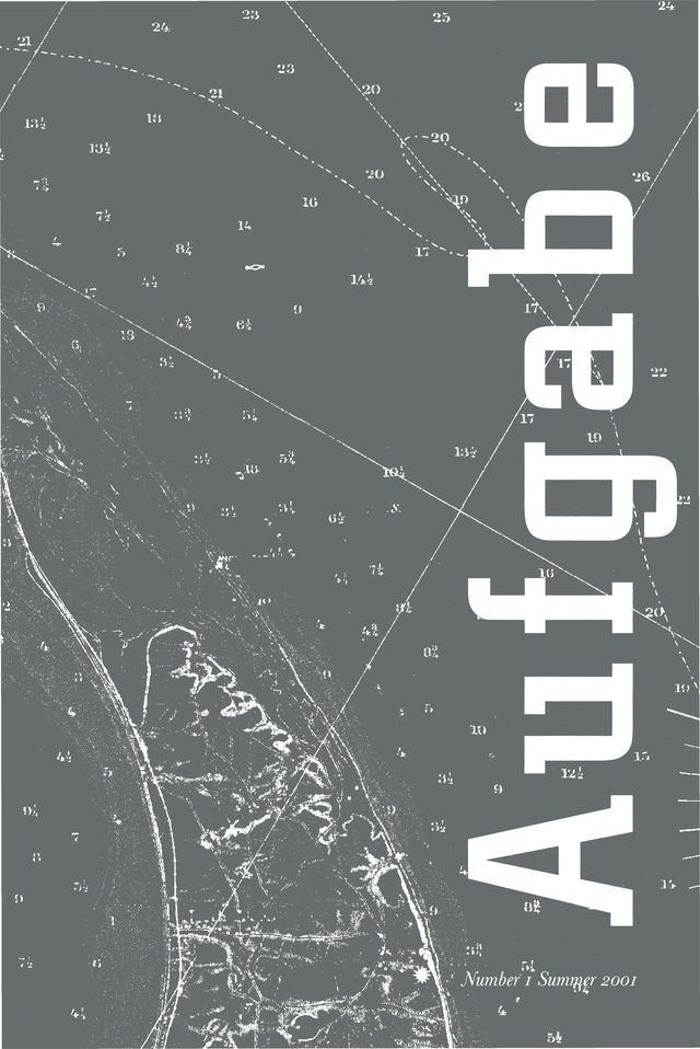 cover of Aufgabe 1, summer 2001; grey background, small typed white numbers dot the page with straight and curvy lines cutting through