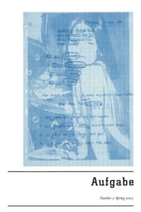 cover of Aufgabe 2; blue tinted image of a girl leaning on a counter overleyed with a piece of graph paper with handwritten notes in french