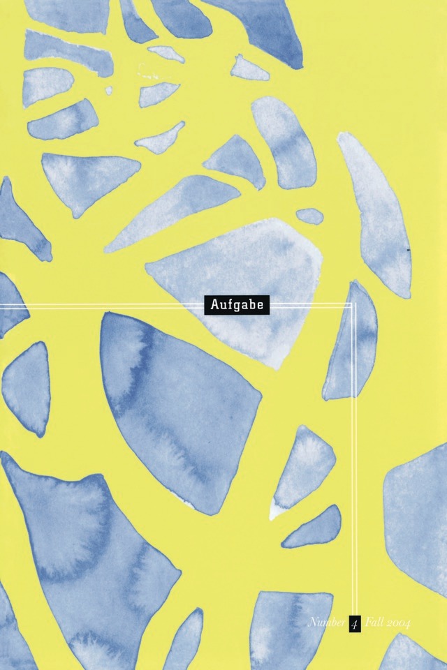cover of Aufgabe 4, fall 2004; light yellow-green background with scale-like shapes of shades of blue