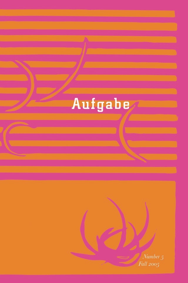 cover of Aufgabe 5, fall 2005; pink background with horizontal orange lines and an orange rectangle along the bottom with curved lines in pink and orange interrupting their background interrupting