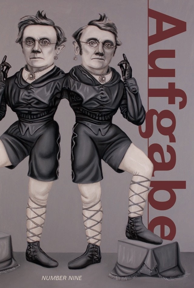cover of Aufgabe 9; grey background and greyscale mirrored figure of a human in circus satire with one foot on a stool, both figured connected by their shoulder