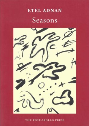 cover of Seasons by etel adnan, dull red background with a large off-white rectangle in the middle and black doodles inside, white typed text of title and author name centered above