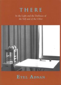 cover of THERE by etel adnan; burnt orange background, large square b&w photo of a table beside a stool on a box with gourdes in top, in front of a curtain and window