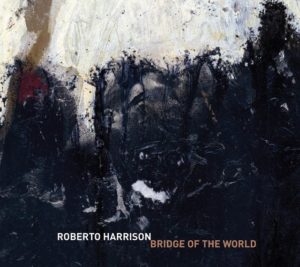 cover of bridge of the world by roberto harrison; textured abstract painting of dark blues and greys extending up into shades of white