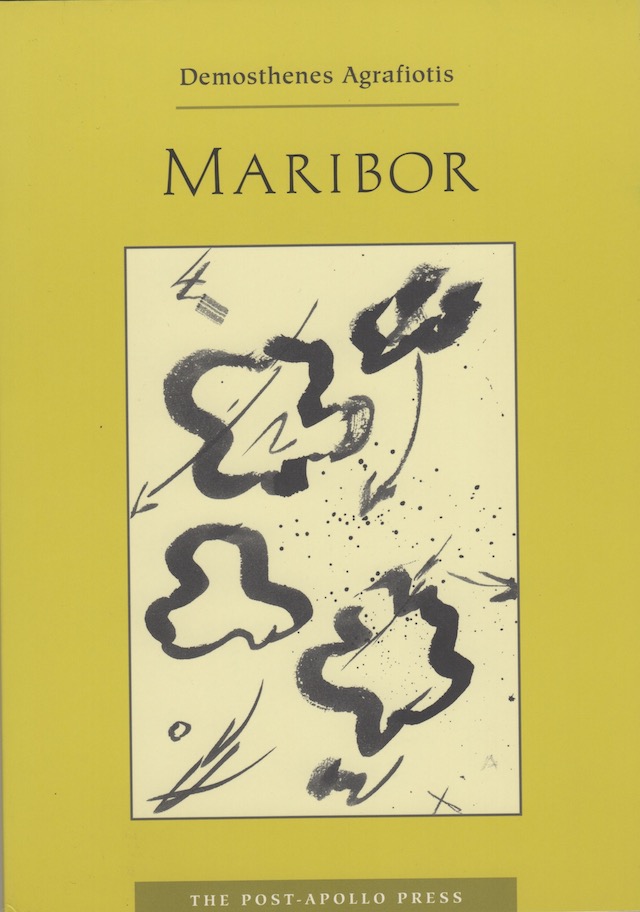 cover of Maribor by demosthenes agrafiotis, light yellow-green background with a large off-white rectangle in the middle and black doodles inside, black typed text of title and author name centered above