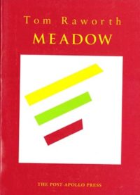 cover of meadow by tom raworth, bright red background with a large white square centered and three thick lines of different lengths stacked, one yellow, one green one red, typed yellow text of title and author name centered above
