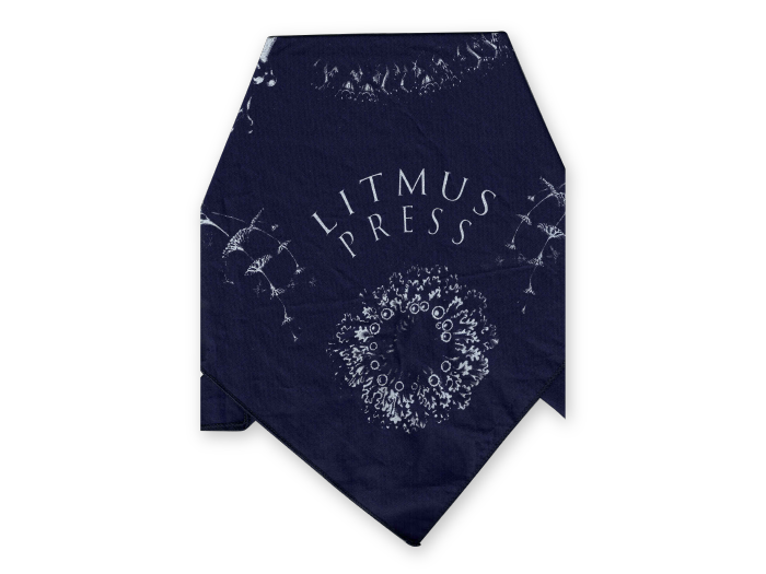Bandana in navy with Litmus Press and litmus logo printed in light grey