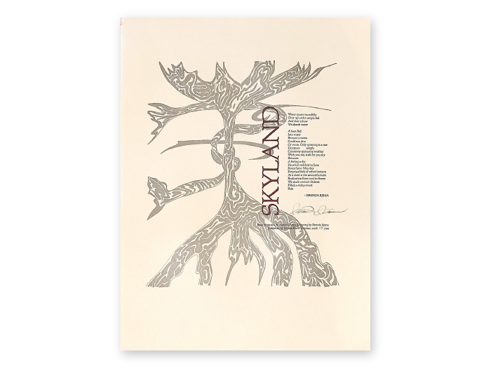 Skyland Broadside, drawing of a tree with roots coming off the bottom and top and excerpted poem in a column on the right side