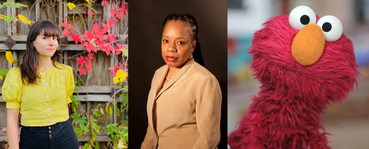 Three author photos in a row: the first shows Ada Smailbegovic standing outside, the next photo is of Tracie Morris, and the last is a picture of Elmo as a visual alias for author Elisabeth Houston