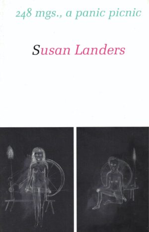 cover of 248mgs., a panic picnic by susan landers; white background with typed mint green title centered at top and author name centered in pink typing below, centered at bottom are two vertical rectangular images with black background, drawn in think white lines, each of the figure of a woman in the nude in front of a spinning wheel