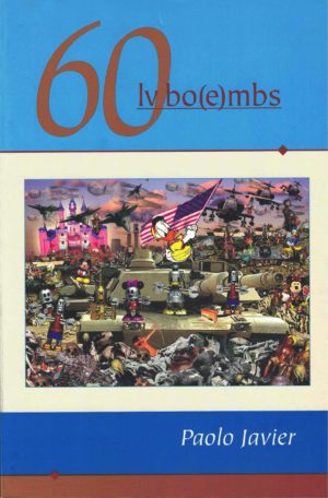 cover of 60lvbo(e)mbs by paolo javier; illustration of war zone with donald duck waving the US flag and standing on a tank, other disney characters, skulls, mechanical creatures, filld the foreground, warplanes and helicopters in the sky, the disney castle on the horizon line
