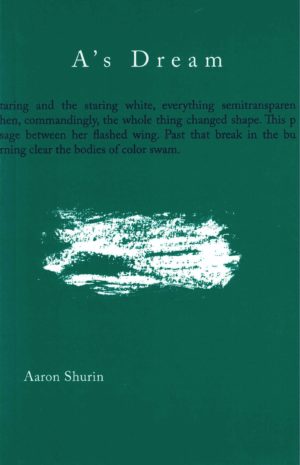 cover of A's Dream by Aaron Shurin; forest green background, large smudge of white near cener of page, title in white typed text centered at the top, excerpt of text cuts across in in blue typing under title and falls off edge of page
