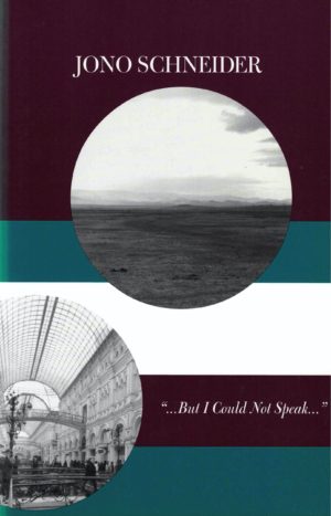 cover of But I Could Not Speak by Jono Schneider; large circular b&w image of bare landscape with horizon line, hills in the distance, and an open sky near top center, circular b&w image of inside of busy public building with arched ceiling windows and many columned archways falling off the page at bottom left, baclground is thick stripes of dark purple-brown, teal blue, and white