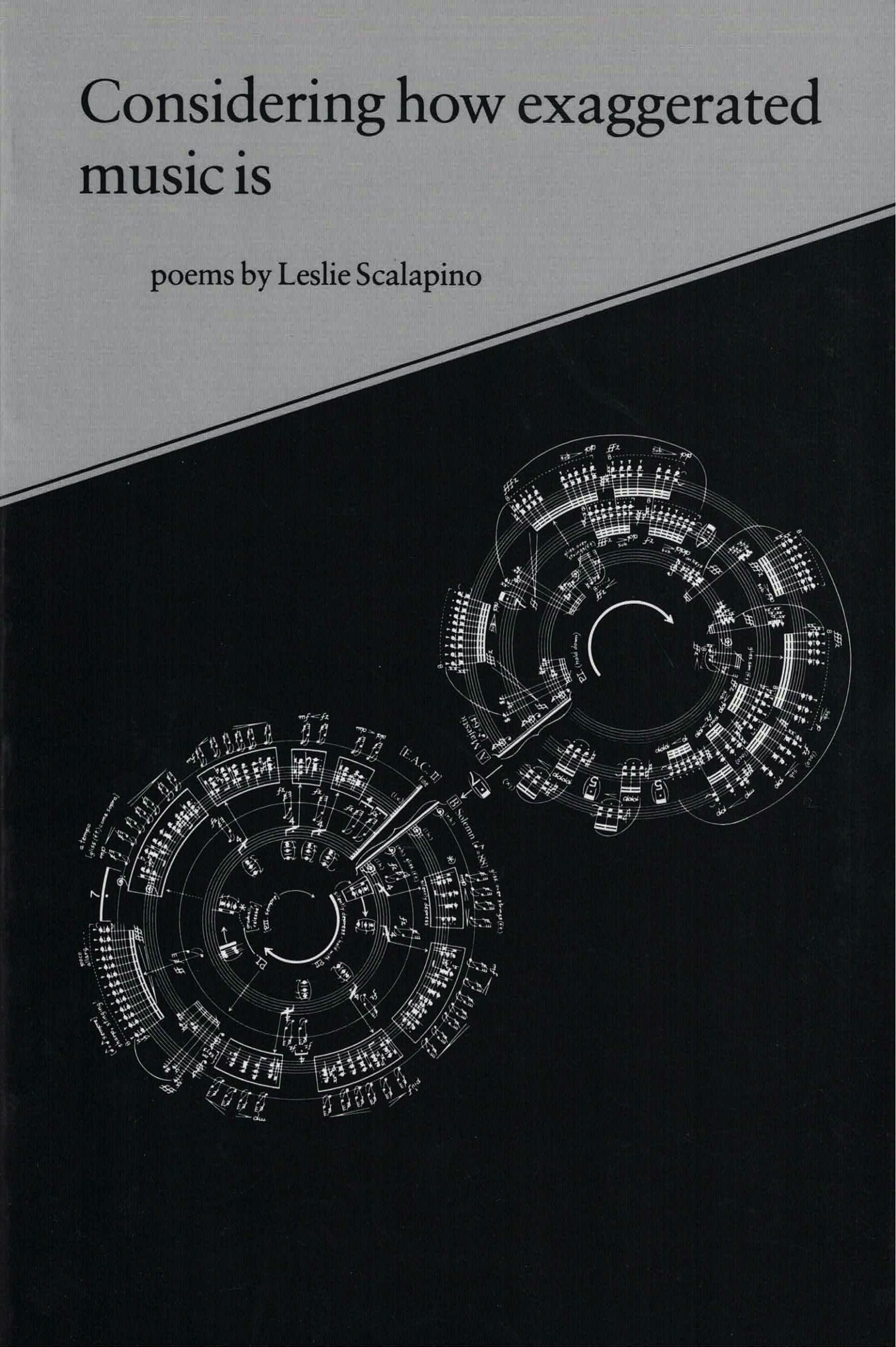 cover of Considering how exaggerated music is by Leslie Scalapino; diagonal line horizontally one-third down the cover, grey on top, black background on the bottom with two circles made up of music score