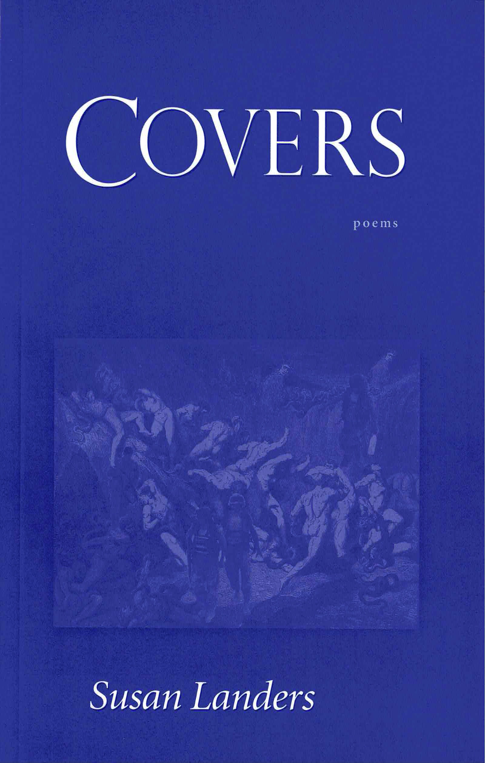 cover of Covers by Susan Landers; blue background, blue-tinted, faded panting of people in the nude strewn across the landscape