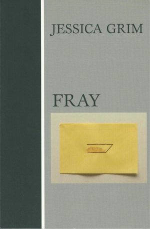 cover of Fray by Jessica Grim; dark grey-green column along left side, right side is light grey background, image of a reg=ctangular yellow piece of paper with hand drawn parallelogram with left line missing