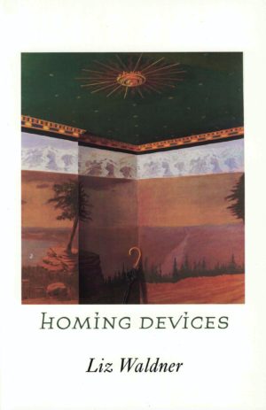 cover of Homing Devices by Liz Waldner; wall covered in painting of a red rock landscape and green fir trees, large rock with a tree growing out of it on the left side, banner of snowy mountain range across the top of the wall, ceiling is green with painted star and metal sun, umbrella leaning against the wall