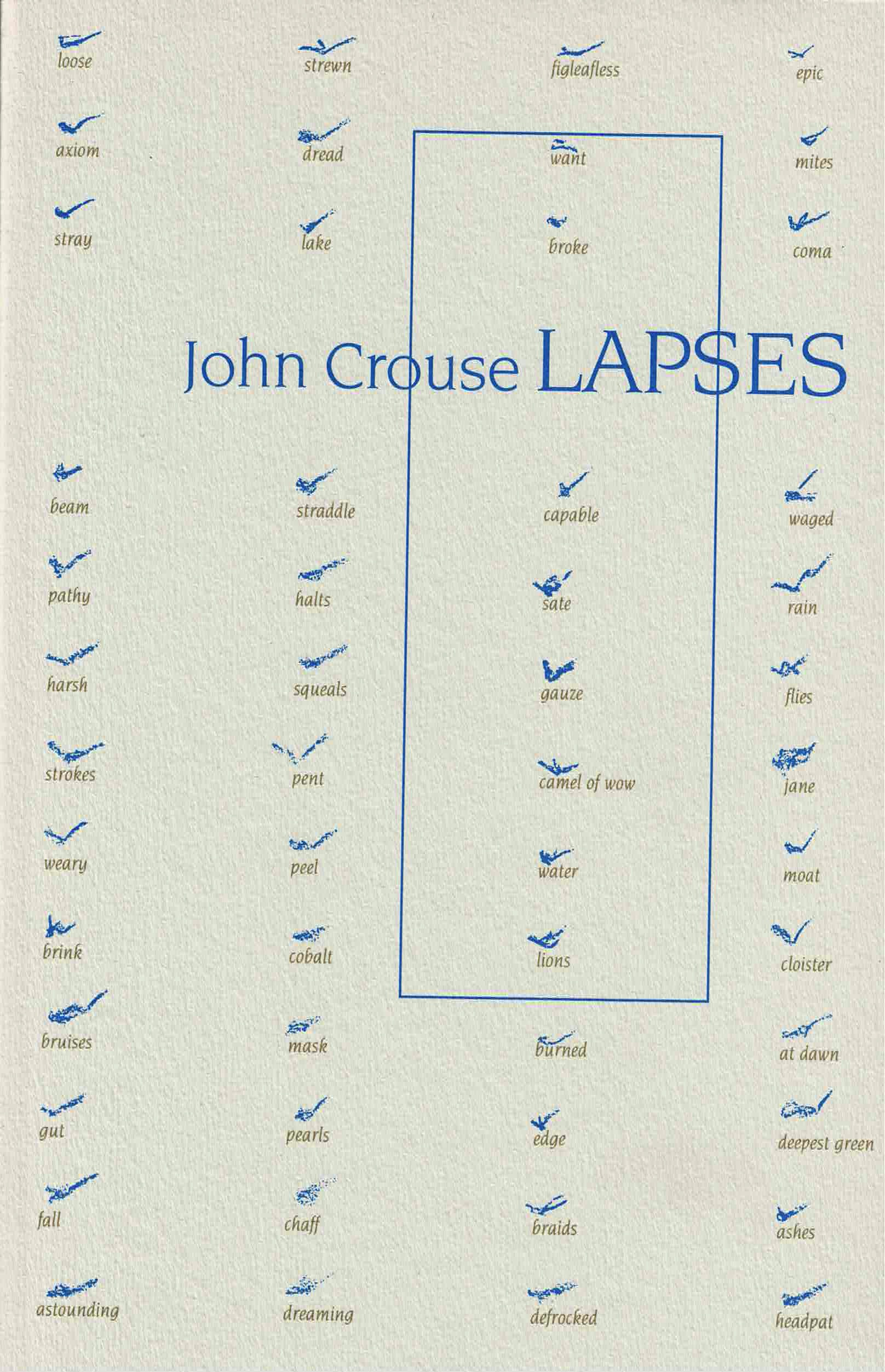 cover of Lapses by John Crouse; textured off-white background, four columns of nouns and verbs in light brown typed font with a blue textured check mark above each word, blue outline of rectangle surrounding eight words in third column from the left