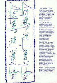 cover of O Four, Subliminal Time edited by Leslie Scalapino; "my heart is destiny" twice in bright blue handwritten text vertically, one on top of the other with blue crayon-like rectangular outline, blurb about the book typed in blue text in a column on the right side of cover