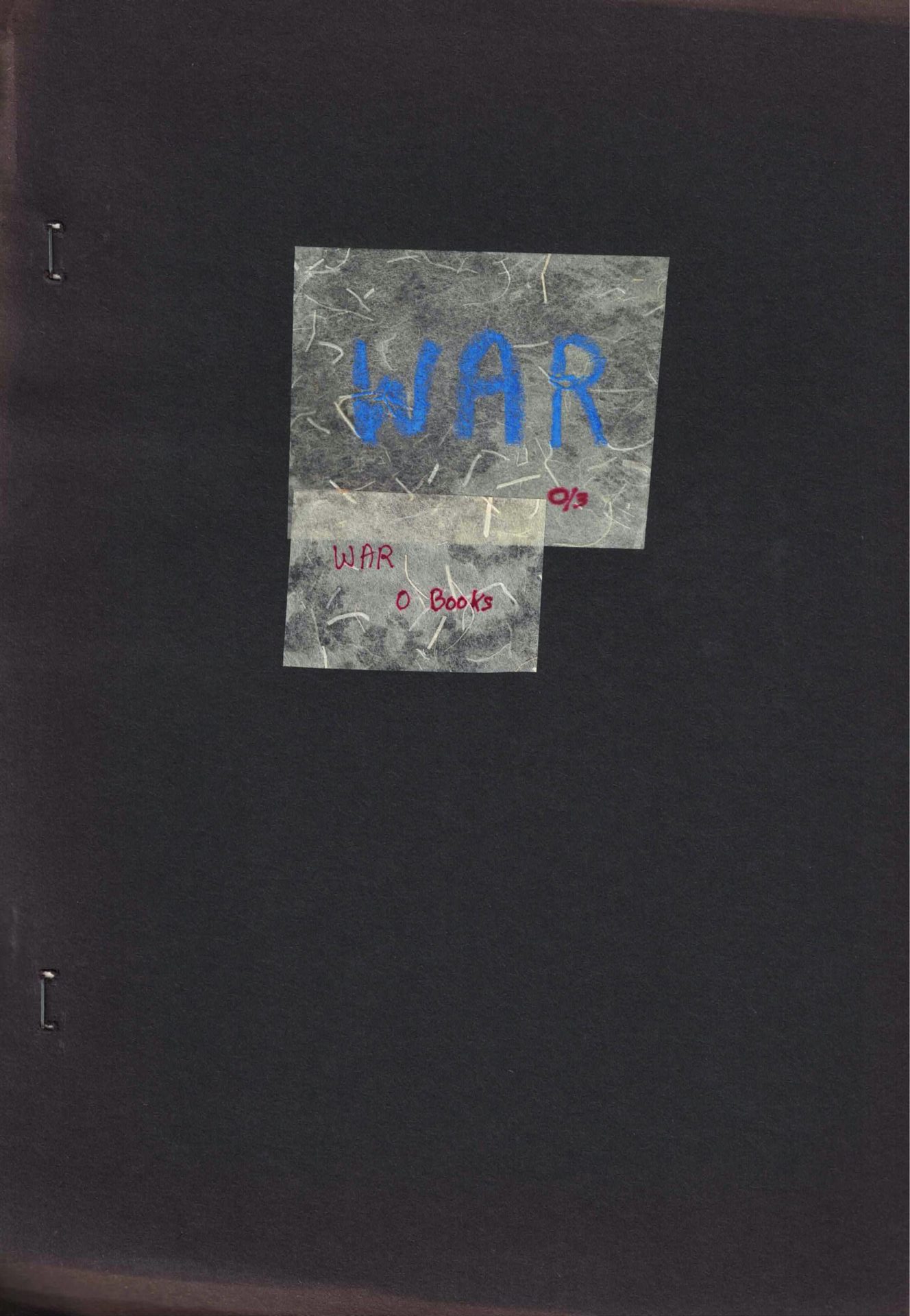 cover of O Three, War edited by Leslie Scalapino, dark grey background with small cut-out white squares with handwritten blue and red writing