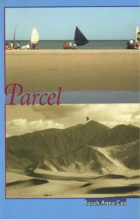 cover of Parcel by Sarah Anne Cox, image of groups of people with small sailboats on a beach above image of a large bird flying over sandy dunes