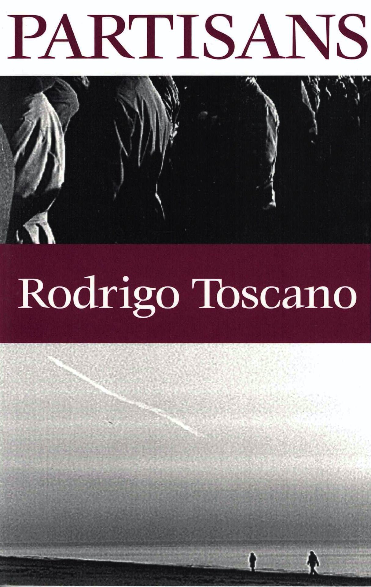 cover of Partisans by Rodrigo Toscano, b&w landscape of two people walking on the beach along bottom half of cover, close of of people standing in a crowd along the top half