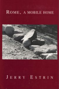 cover of Rome, A Mobile Home by Jerry Estrin, dark red background with horizontal b&w close-up photo of a line of stones in sand