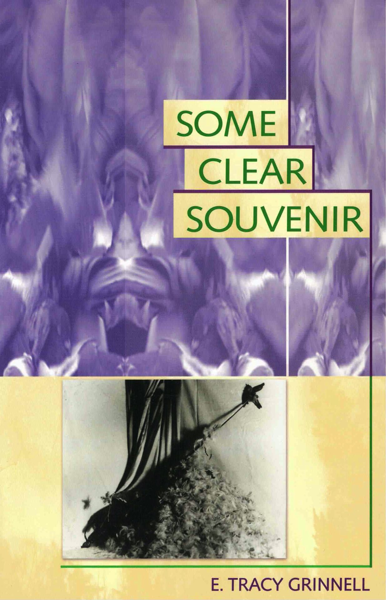 cover of Some Clear Souvenir by E. Tracy Grinnell, lavender purple textured image on top of a b&w image of the fabrics and textures