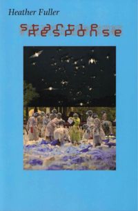 cover of Startle Response by heather fuller, sky blue background with an image of bats flying at night on top of an image of a group of healthcare personnel in full gowns, masks, and hair nets