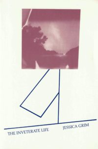 cover of The Inveterate Life by Jessica Grim, white background with navy blue line horizontal across the bottom, then another connecting vertically to rose tinted photo of a landscape