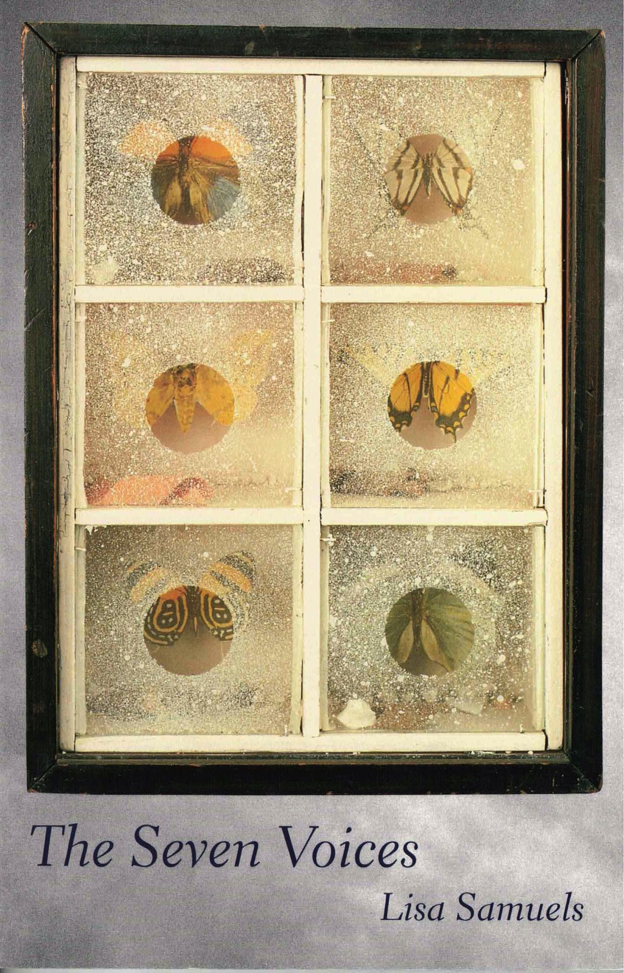 cover of The Seven Voices by Lisa Samuels, drawing of six butterflies separated by wood slats in a glass case, each pane of glass dusty with a clean/clear circle in the center of each