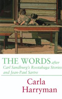cover of The Words by Carla Harryman, drawing of a dog and doll sitting on a table, shades of light greens, blues, and browns