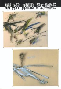 cover War and Peace 1, two pastel drawings in green, blue, white, and blacks on beige paper