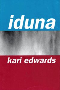 cover of Iduna by kari edwards; top third is bright sky blue, bottom third is deep red, middle thir is textured black and white, like a close up of smoke