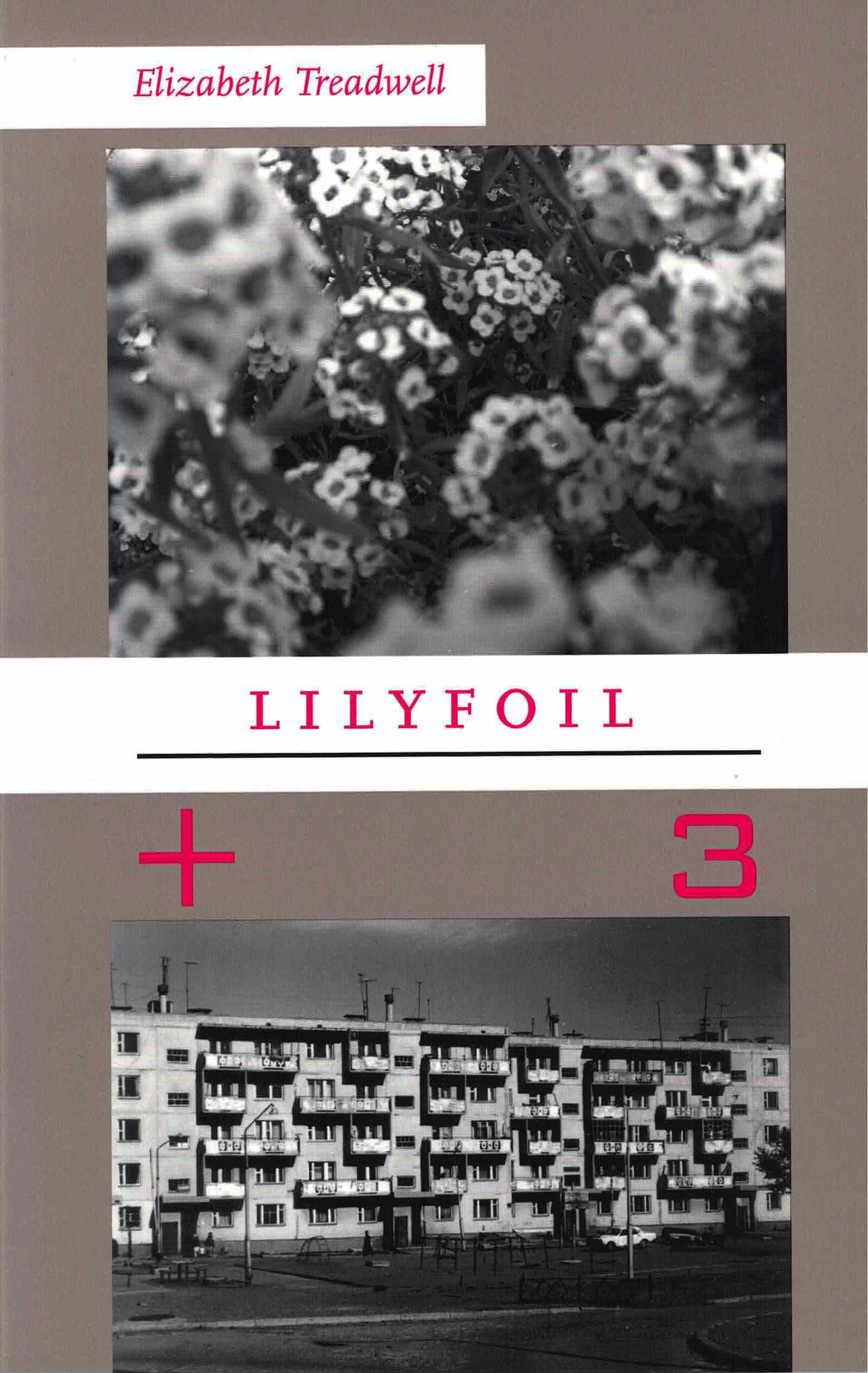 cover of Lilyfoil by Elizabeth Treadwell; bottom half has b&w photo of apartment buildings, top half has b&w photo of close-up of clusters of white blossoms