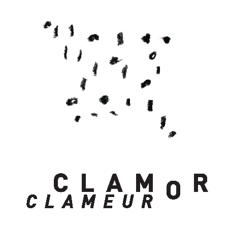 black oil stick marks in the shape of small rectangular dots make a shape somewhere between a square and a star below which the words Clamor and Clameur appear in black type