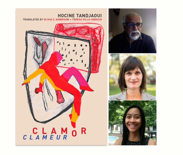 image of Clamor book cover with author and translator head shots in a column to the right of the cover