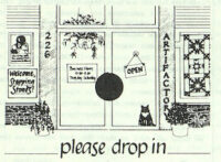 ad for Stepping Stones bookstore shows drawing of the front doors of a bookstore with a cat and plant visible through the windows and the words Please Drop In below the image
