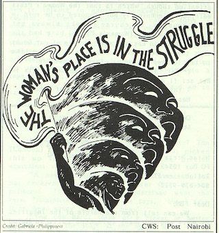 drawing of four women's heads stacked in profile and the words The Woman's Place Is In The Struggle